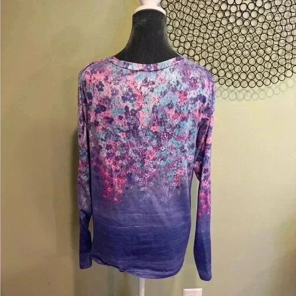 Women’s V-Neck long sleeve shirt purple with flower print - Size Large - Picture 3 of 4